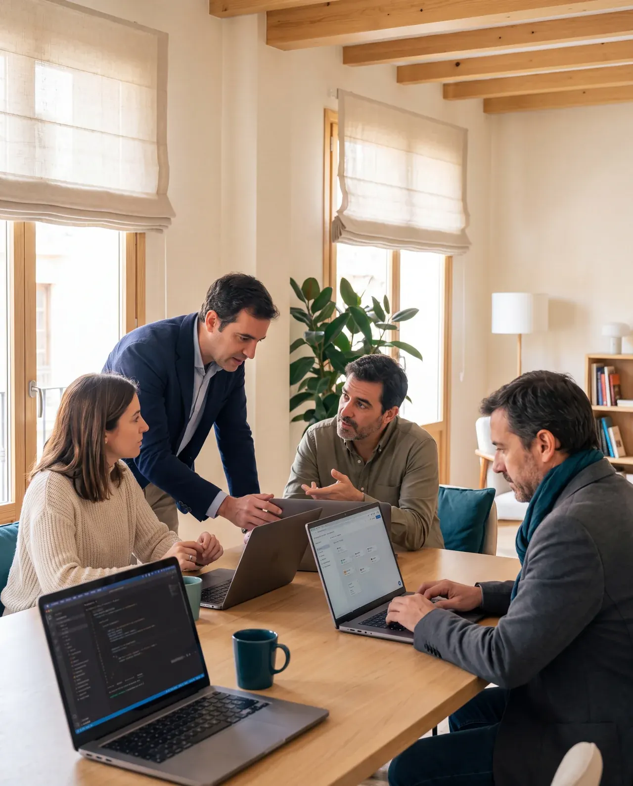 Equipo pequeño trabajando con portátiles durante una sesión de formación aplicada en IA.